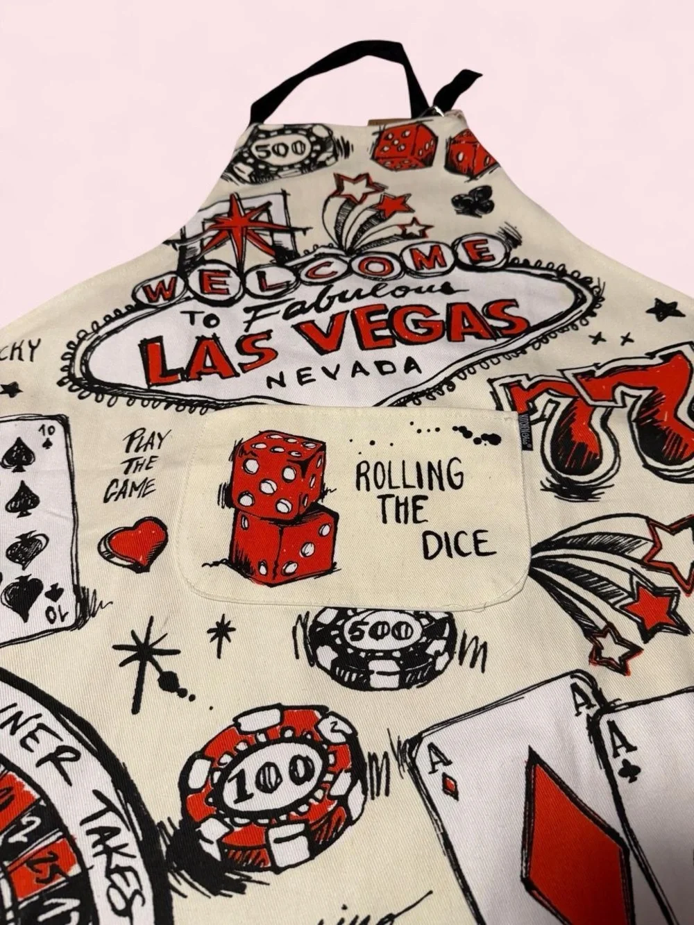 Source Unknown Cream Las Vegas Casino Apron with Red & Black Accents